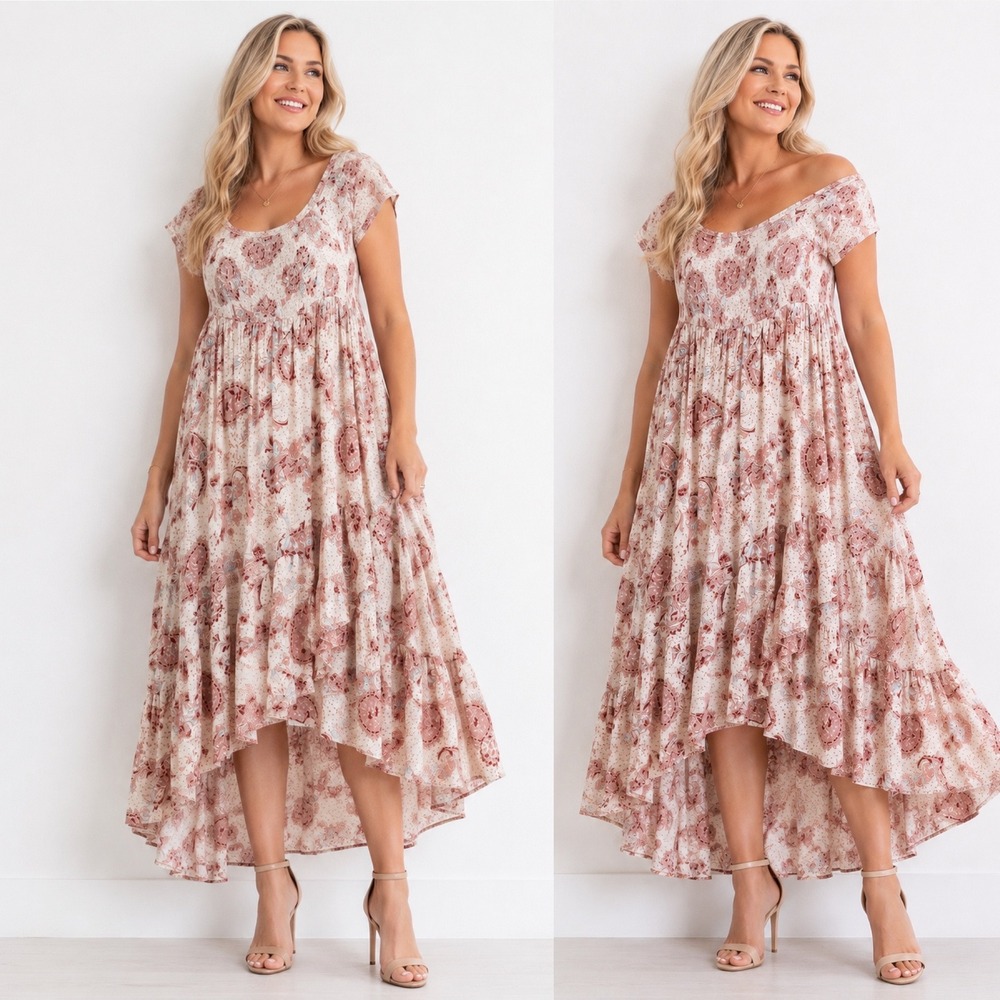 Torrid High Low Maxi Dress 5 Pink Paisley Smocked Off Shoulder Ruffle Boho